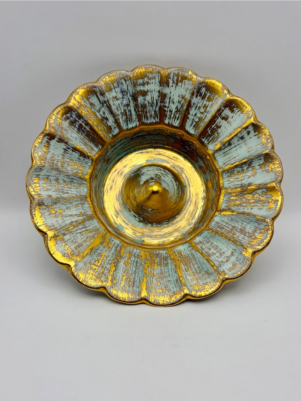 Hand painted Stangl 24 kt “Antique Gold” MCM Flower Bowl Gold/Aqua 7”, #5163